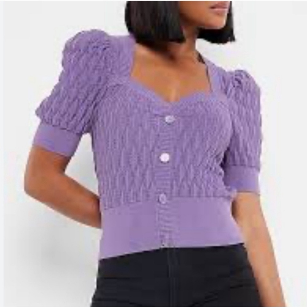 Express Lilac Cable Knit Puff-Sleeve Button Cardigan - Picture 2 of 10